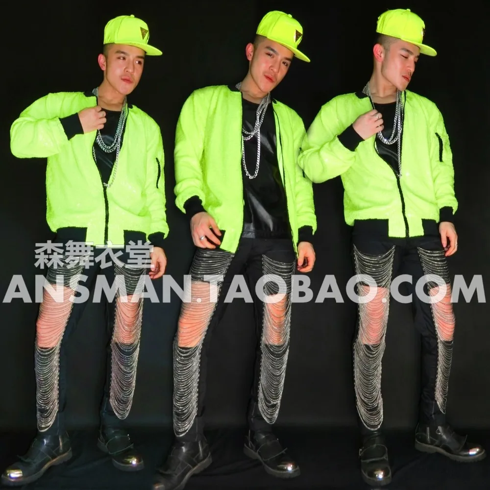 Chaqueta de béisbol verde fluorescente para hombre, trajes de moda para club nocturno, DJ, cantante, bailarina, prendas de vestir para actuaciones