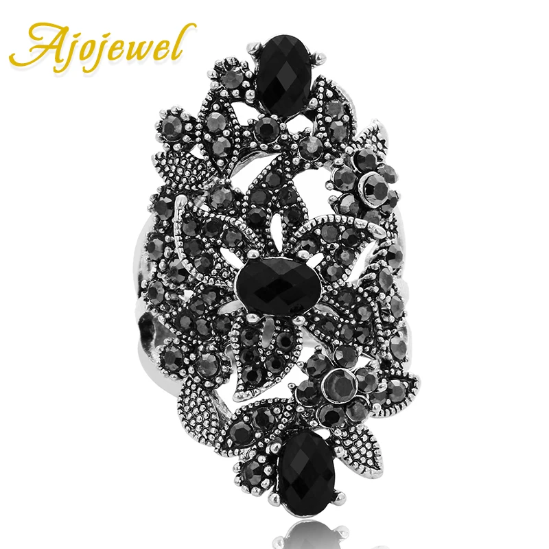 Ajojwel-Anillo de lujo Retro Vintage para mujer, joyería de flores con diamantes de imitación de cristal negro, anillos grandes, anillo Anneau