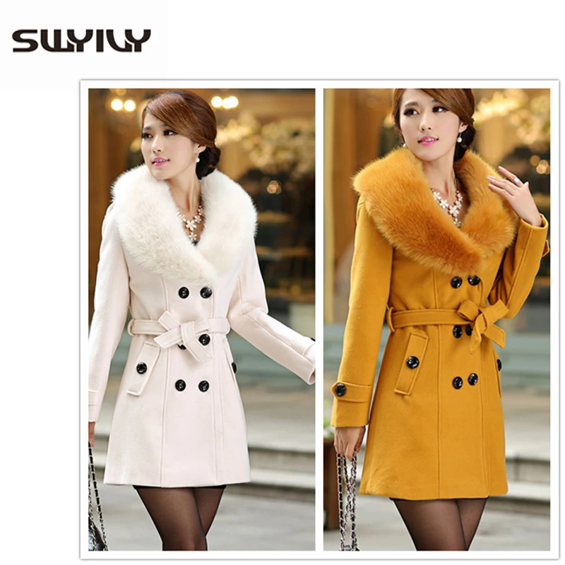 

SWYIVY Winter Women Woolen Coats Big Fur Collar Long Design 2018 New Female Warm Slim Casual Jacket Large Size Woman Coat 5XL