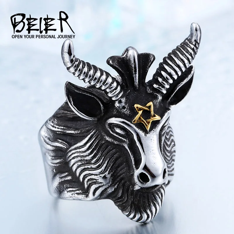 Beier 316L Stainless Steel Vintage  Big Goat Head Ring Nose viking  Animal Jewelry for Men