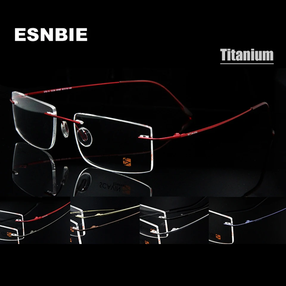 

ESNBIE Computer Rimless Titanium Glasses Frame men Memory Eyeglass Frames 7 Colors Square Shape Prescription Eyewear