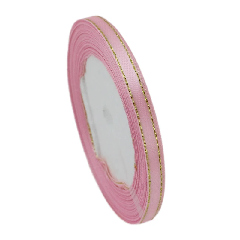 (25 yards/roll) pink gold Edge Satin Ribbon Wholesale Gift Christmas ribbons (6/10/20/25/40mm)