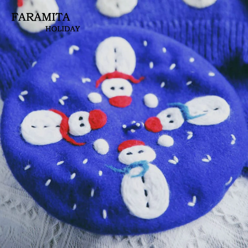 

Faramita Holiday Snowman Cute Wool Hand-made Manual Women Girls Boys Kids Berets Hat Caps Wool Felt Cartoon Beret 2019 New Hats