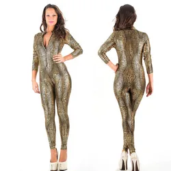 Modello del coccodrillo Delle Donne Della Tuta Fesish Del Cuoio Del Faux Anteriore Della Chiusura Lampo Vinly Backless Catsuit Club Costume di Tuta In Pelle