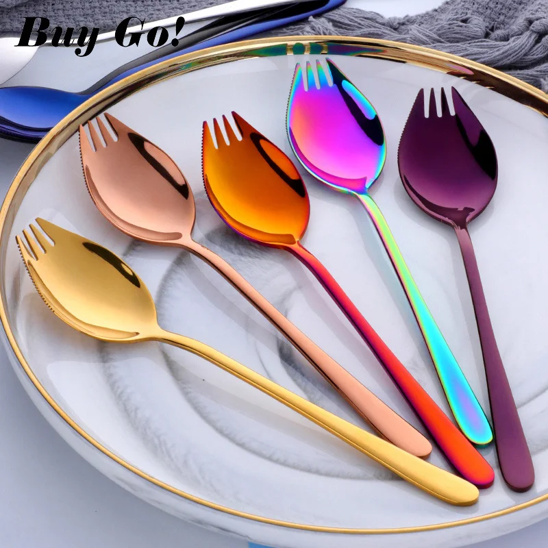 10PCS 3 IN 1 Fruit Fork 18/10 Stainless Steel Cake Forks Gold Dinner Fork Rainbow Dessert Fork For Snack Dinnerware Set Cutlery