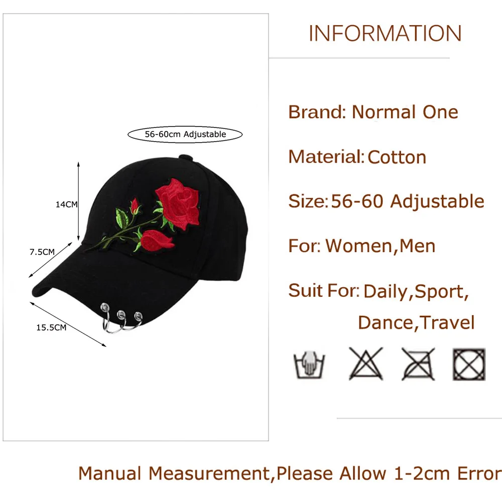 Women Men Hip Hop Kpop Snapback Baseball Cap Big Rose Flower With Rings Sport Dancing Travel Dad Hat Caps Streetwear Adjustable