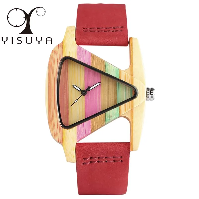 YISUYA Unique Triangle Hollow Wood Watch Creative Colorful Stripe Bamboo Clock Women's Hour Fashion Leather Lady Wristwatch 2020