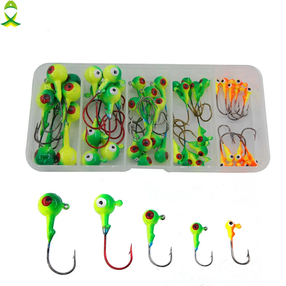 JSM 46pcs Multicolor 3D Fish Eyes Jig Head Fishing Hooks High Carbon Steel Red Lead Head Lures Fishing Hooks Set With Box