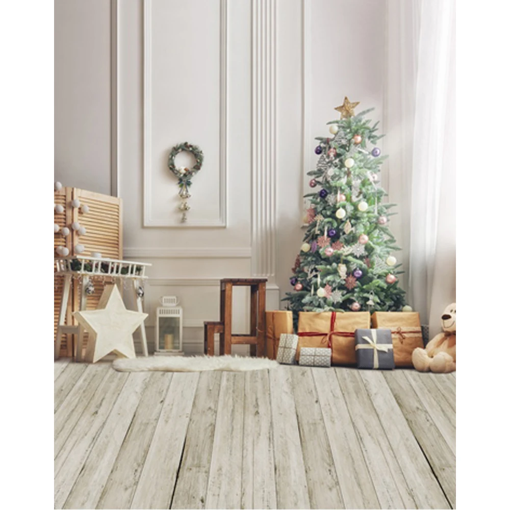 

Indoor Room Xmas Party Photo Booth Backdrop Wood Floor Printed Gift Boxes Christmas Tree with Balls Kids Photography Backgrounds