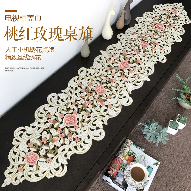 

Rose Elegant Embroidery Table Runner Pastoral Fabric Tea tablecloth, Luxury Table mat table Cover for decoration
