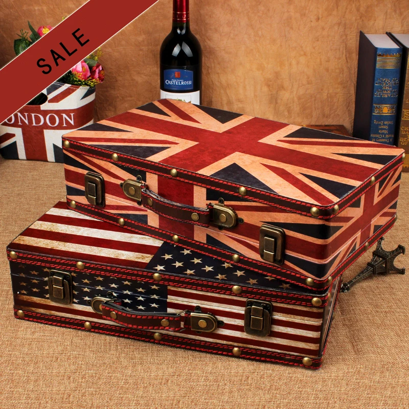 Hot Sale Wooden Suitcase Flag Travel Wooden Storage Box make up organizer Box Photography props treasure chest Home Decoration