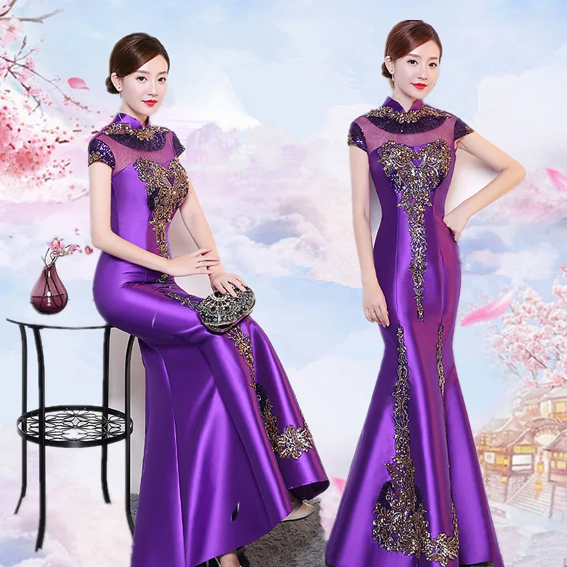 

Purple Cheongsam Women Traditional Dress Sexy Wedding Qipao Embroidery Chinese Oriental Dresses Vestidos Formales Long QiPao