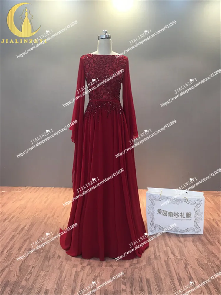 JIALINZEYI Real Pictures Wine Red Crystal Beads A-line Chiffon Elie Saab V Backless evening Dresses Fromal Party dresses