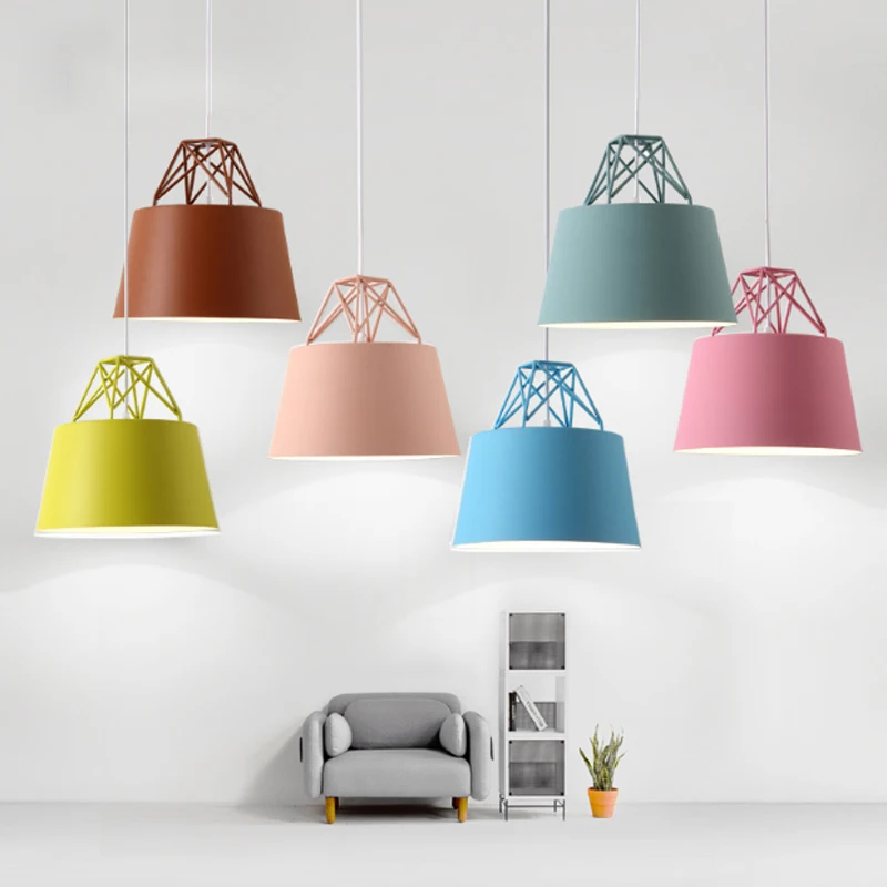 Modern creative macaron color creative single head chandelier E27 decorative bedroom wrought iron hanging line lightng lamps