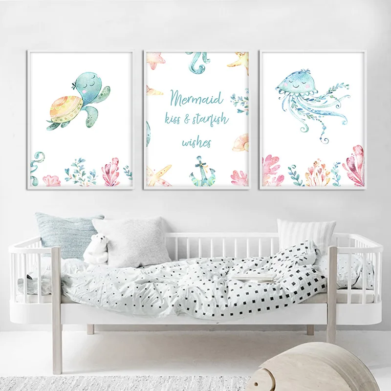 Marine Organism Canvas Poster Mermaid Nursery Wall Art Print Painting Nordic Kid Decoration Picture Baby Girls Bedroom Decor