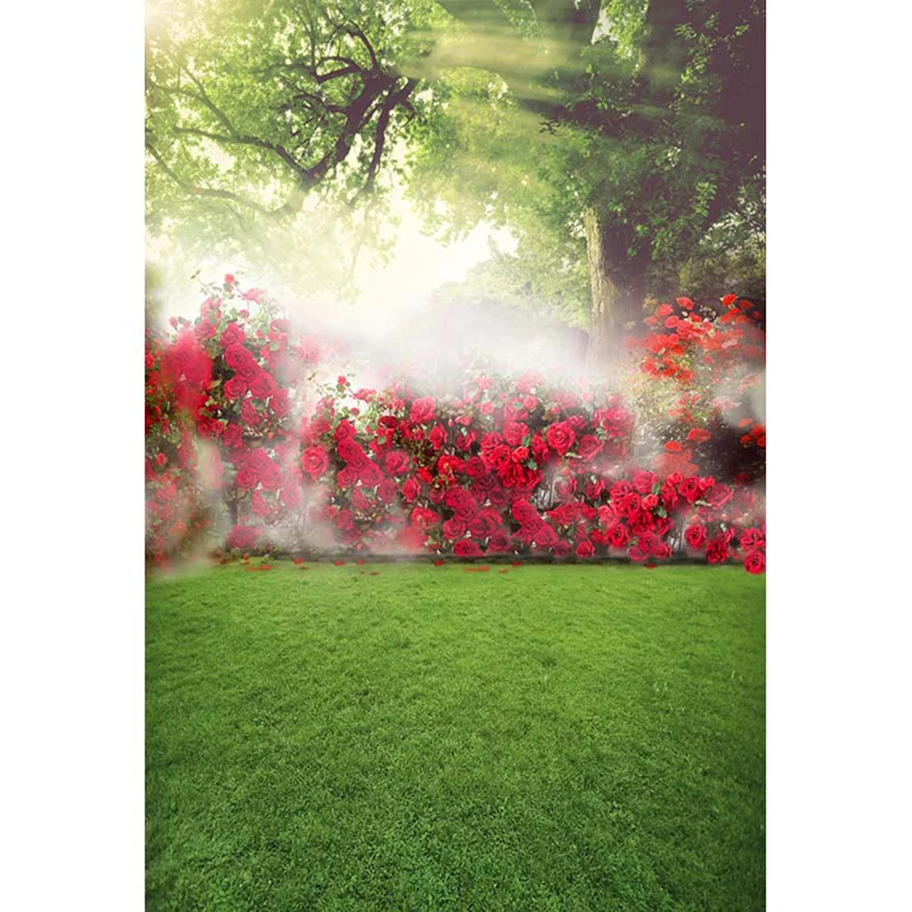 Morning Sunshine Through Trees Misty Garden Backdrop for Wedding Photography Printed Red Roses Valentines Background Green Floor