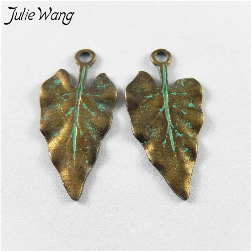 Julie Wang 20PCS Antique Bronze Charms Green Heart Shape Leaves Suspension Pendants Jewelry Making Earring Necklace Accessory