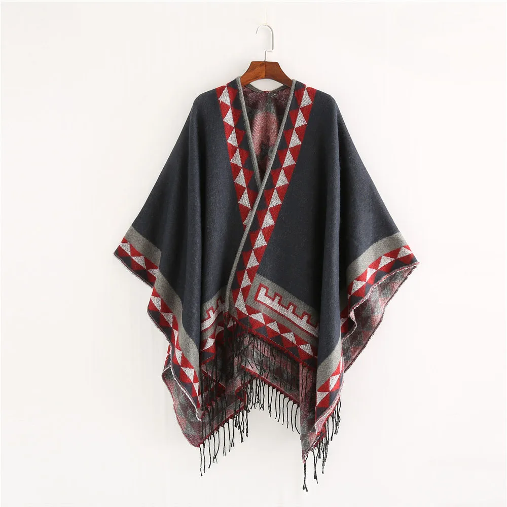 FS-Poncho de Pashmina con borlas geométricas para mujer, bufandas cálidas de estilo indio, abrigo de otoño e invierno