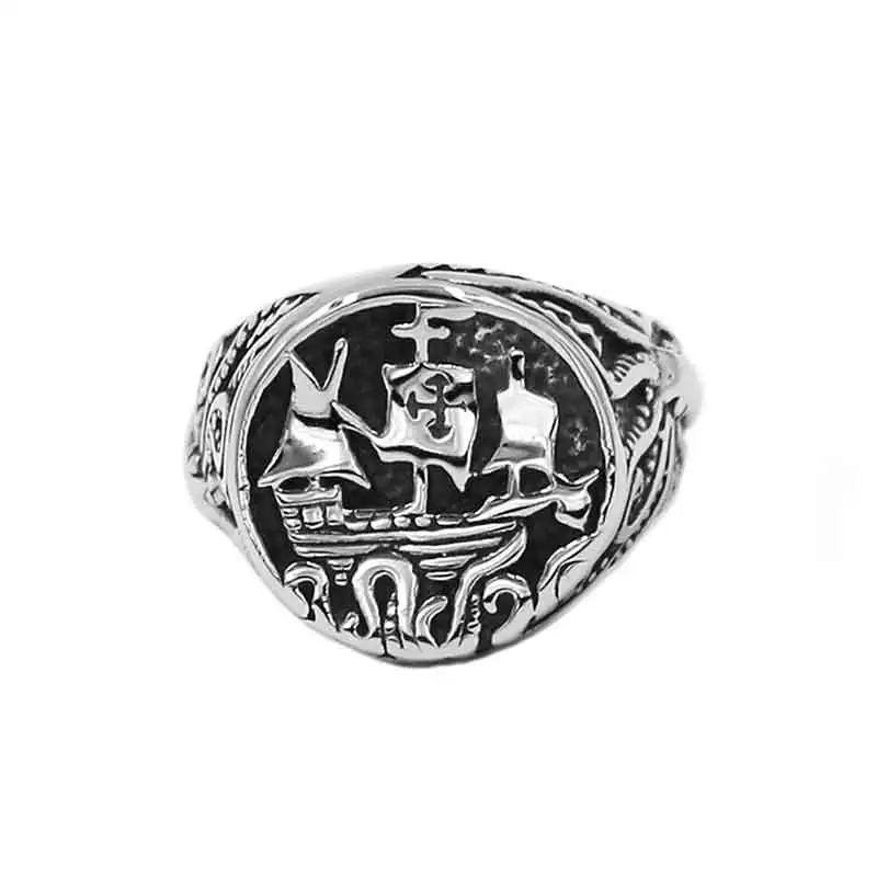 Wholesale Sailing Boat Ship Cross Ring Stainless Steel Jewelry Classic Pirate Ship Octopus Navy Military Biker Mens Ring 891B