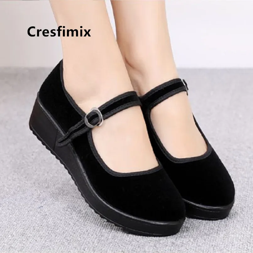 Cresfimix Zapatos De Mujer Women Casual Black Buckle Strap Cloth Dance Shoes Lady Cute Height Increased Retro Shoes C5055