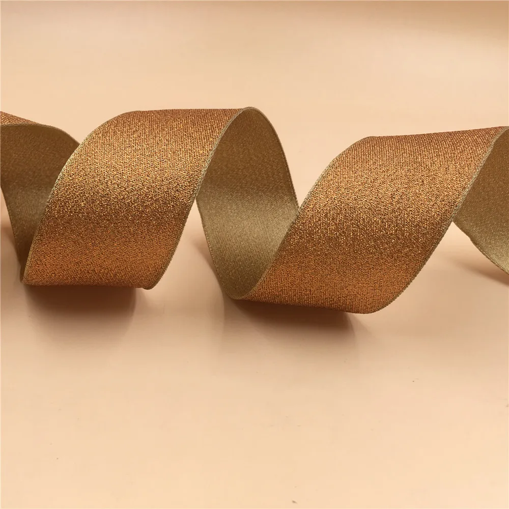 1.5 Inch X 25yards Wired golden metallic ribbon with two tone gold lurex for gift box wrapping N2226