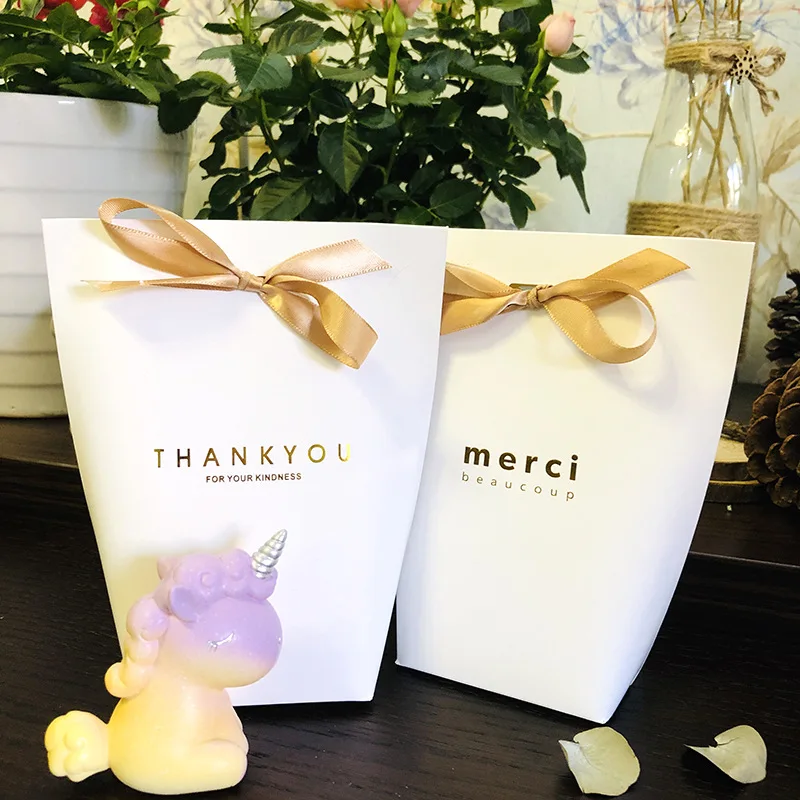 5/20/50pcs White Kraft Black Bronzing French Merci Thank You Wedding Party Christmas Favor Gift Candy Box Paper Bag With Ribbon