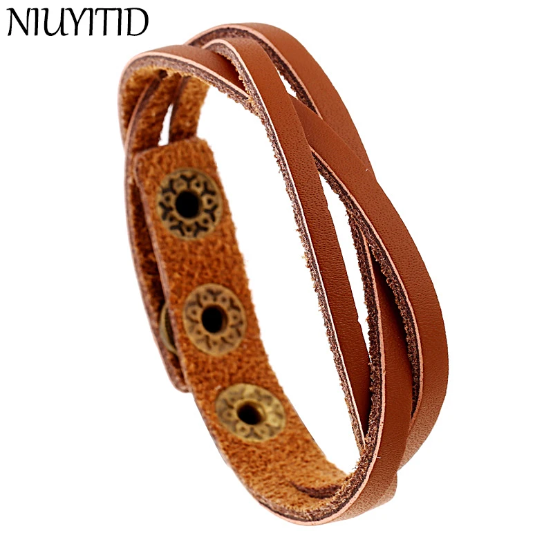 NIUYITID Brown Women Leather Bracelet Material Punk Vintage Cheap Charm Handmade Jewelry For Men