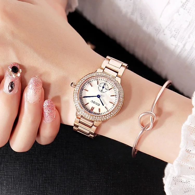Fashion Top Guou Brand Casual Luxury Watches Sapphire Blue Rose Gold Steel Watch Female Diamond Quartz Waterproof Woman Gift