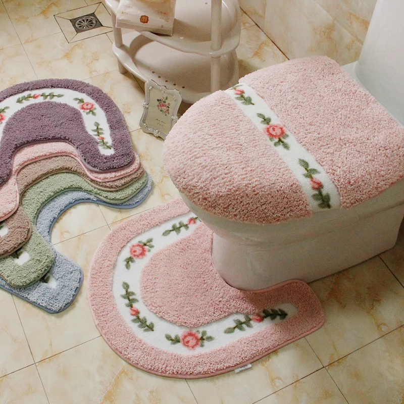 Alfombra de baño de estilo Pastoral con patrón de flores, juego de alfombras de inodoro en forma de U, decoración de piso, juego de alfombrillas de