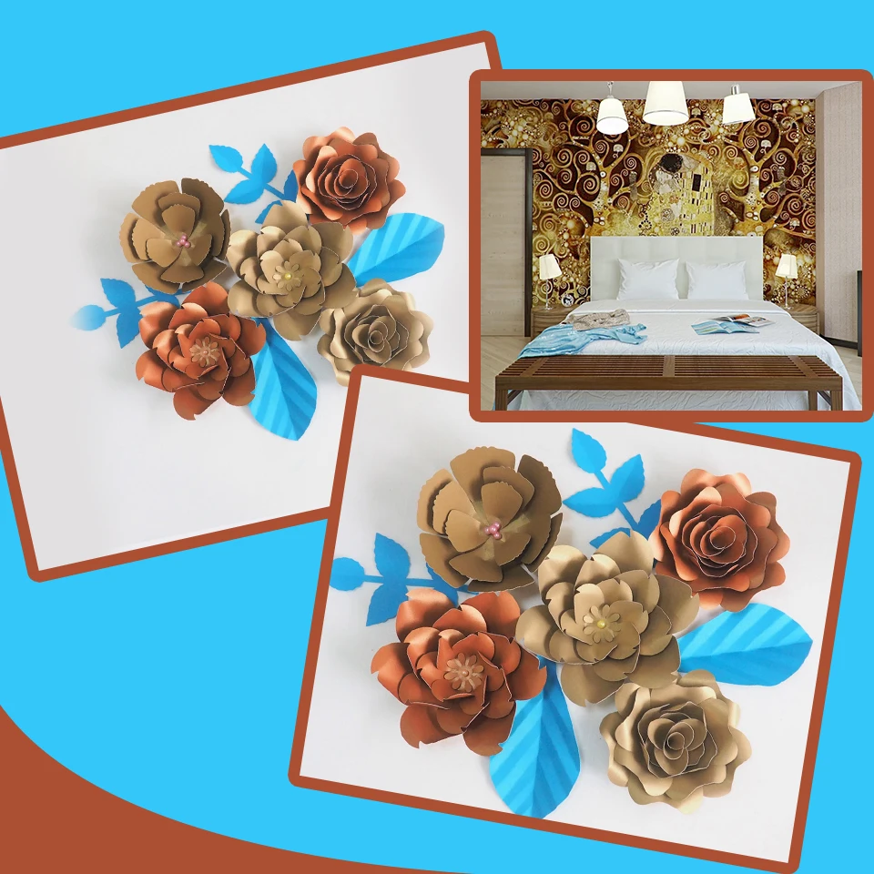 DIY Giant Paper Flowers Artificial Rose Fleurs Artificielles Backdrop 5pcs+ 4 Leave Bedroom's Wall Decor Nursery Mix Gold Copper