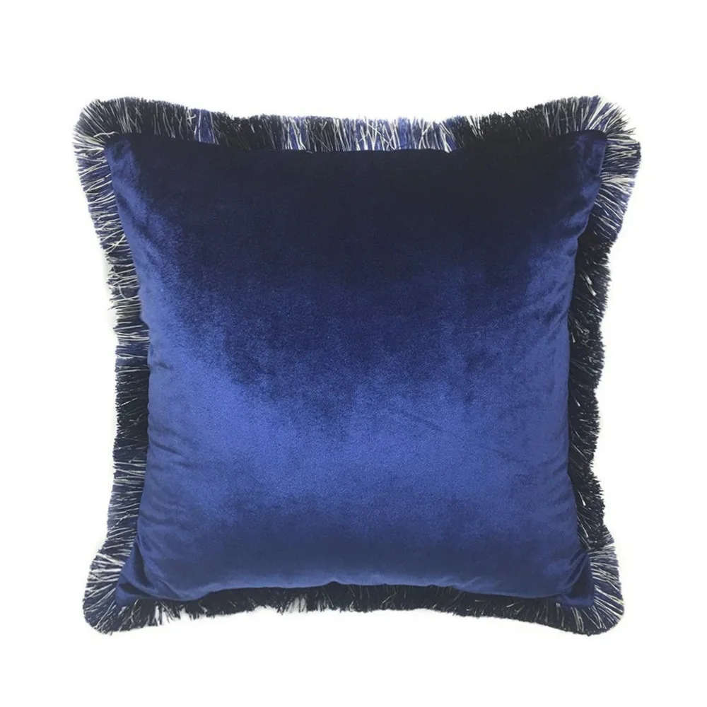 Luxurious Solid Brown Turquoise Blue Shiny Soft Velvet Cushion Cover Fringe Pipping Decorative Sofa Pillow Case 45 x 45 cm