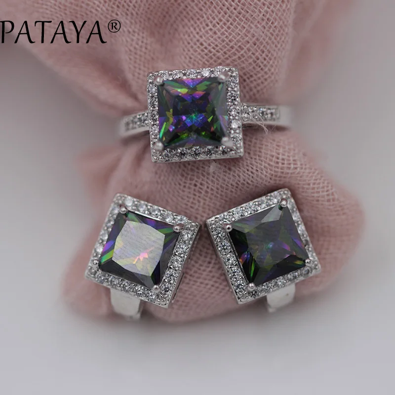 PATAYA New Arrivals 11 Colors Square Natural Zircon Earrings Ring Sets Women Luxury True White Gold Color Wedding Jewelry Set