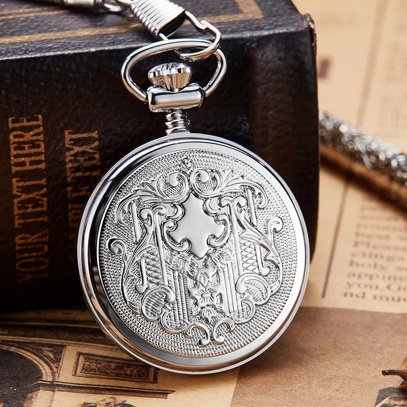 Luxury Copper Silver Mechanical Pocket Watch Hand-wind Clock Fob Chain Watch Men Roman Numbers Clock