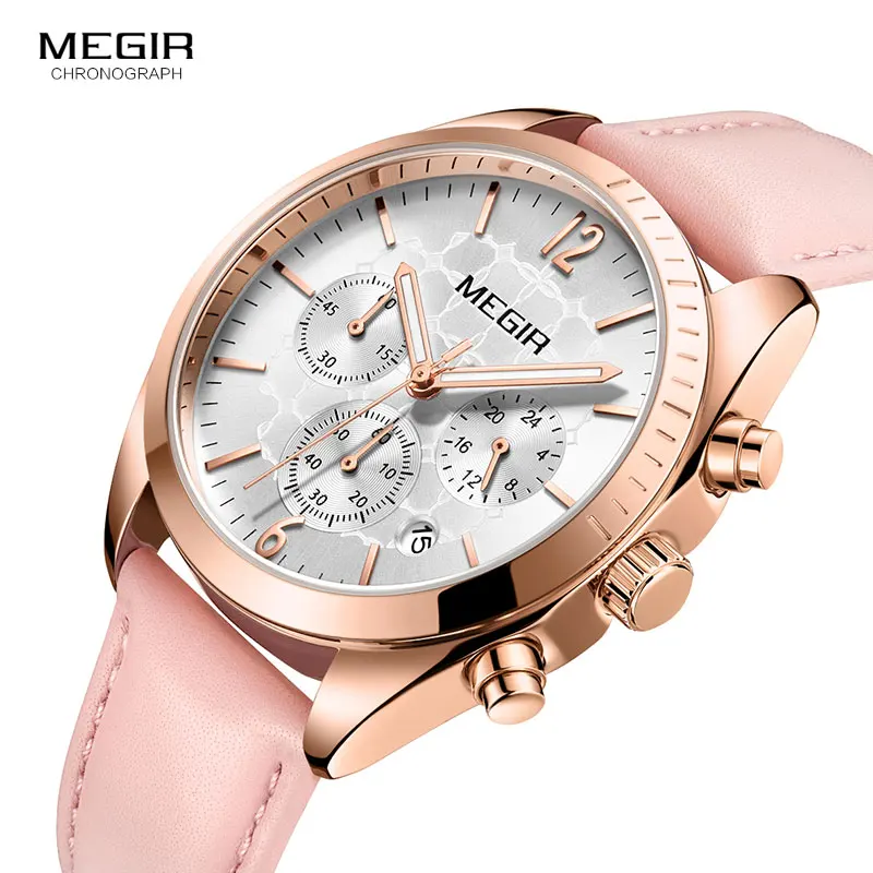 Megir Women\'s Leather Quartz Watches Chronograph Clock 24 Hours Waterproof Wristwatch for Lady Girl Relogios Femininos 2115 Pink