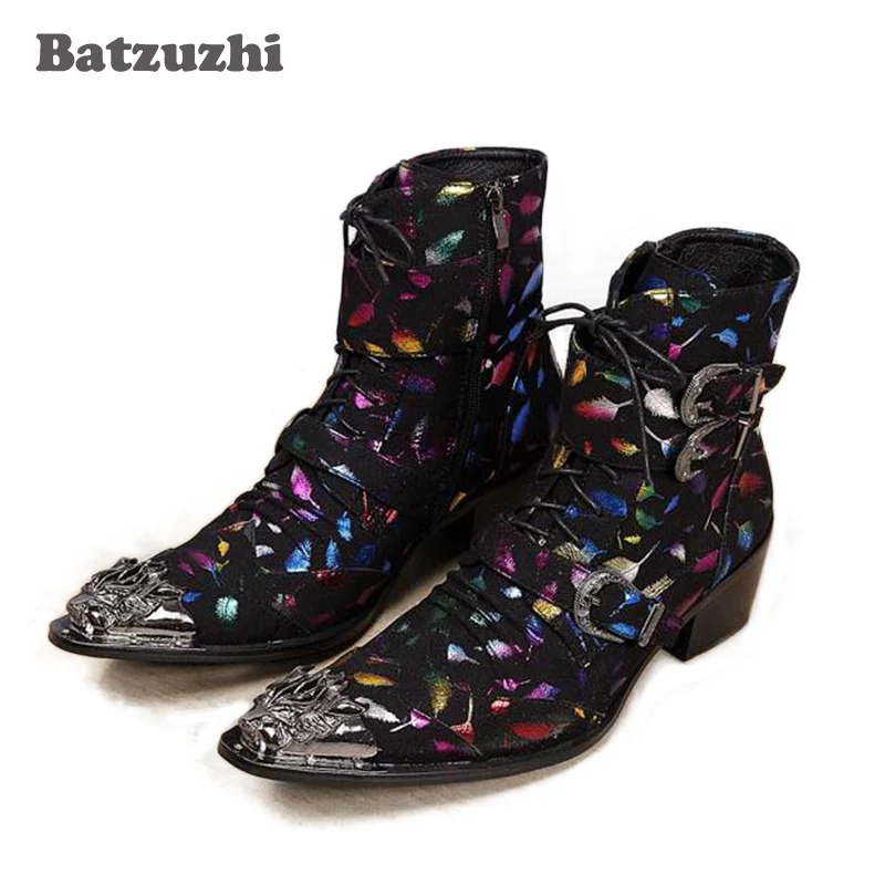 Batzuzhi Brand New Limited Edition Men Ankle Boots Pointed Iron Toe Colorful Leather Boots Men for Party/Stage Boots Rock