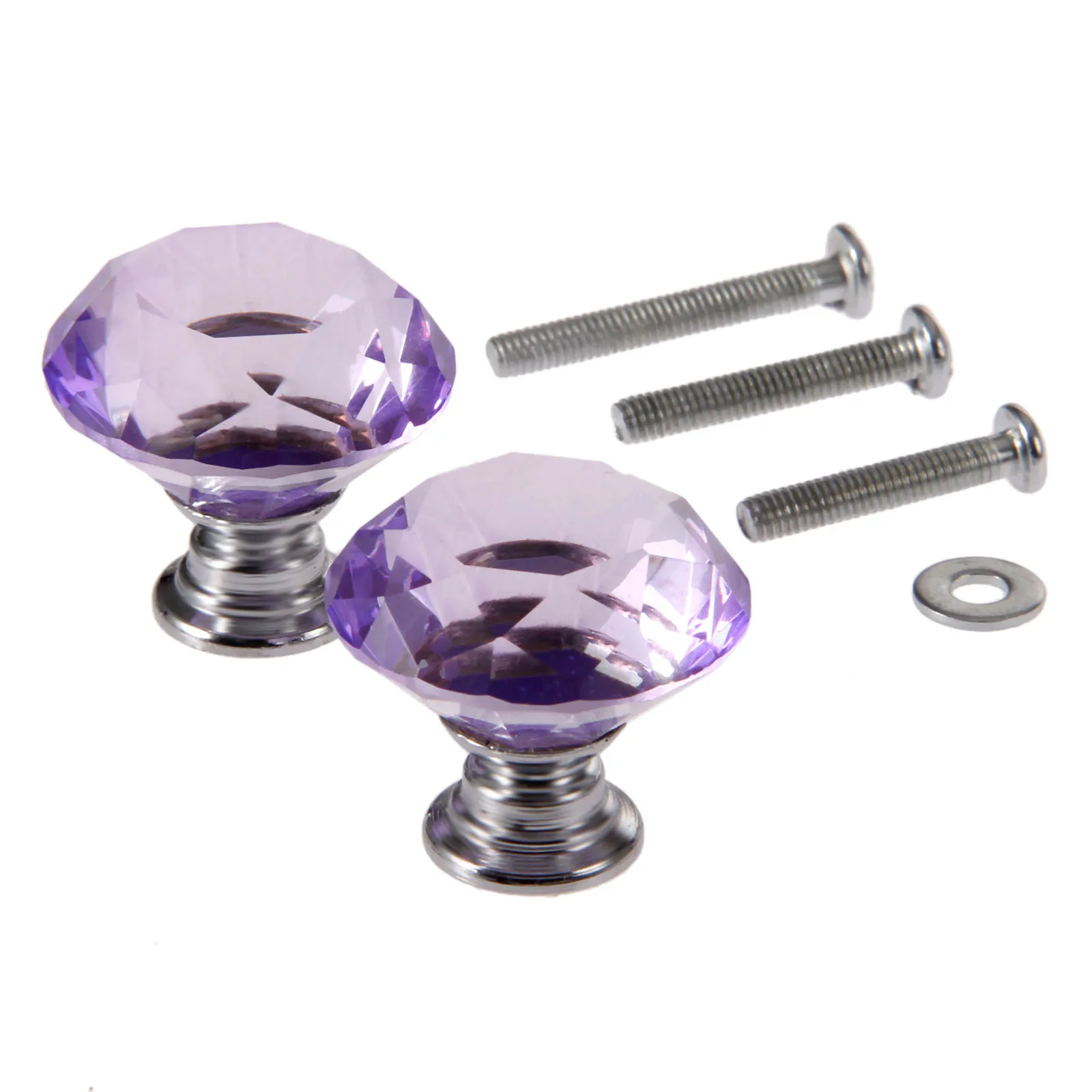 DRELD 2Pcs 30mm Diamond Crystal Drawer Pulls Glass Door Cabinet Wardrobe Pull Knobs Purple Furniture Handles + 6Pcs Screws