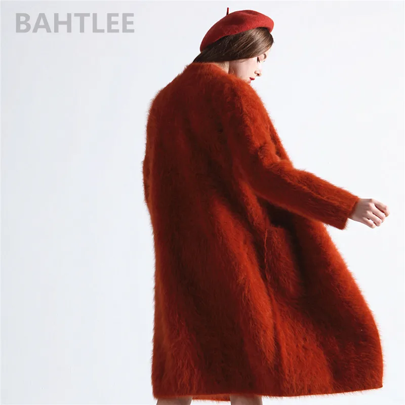 BAHTLEE-Women\'s Long Winter Sweater, Angora Rabbit Cardigans, Loose Fashion, Pearl Button Pocket, Very Thick, Keep Warm