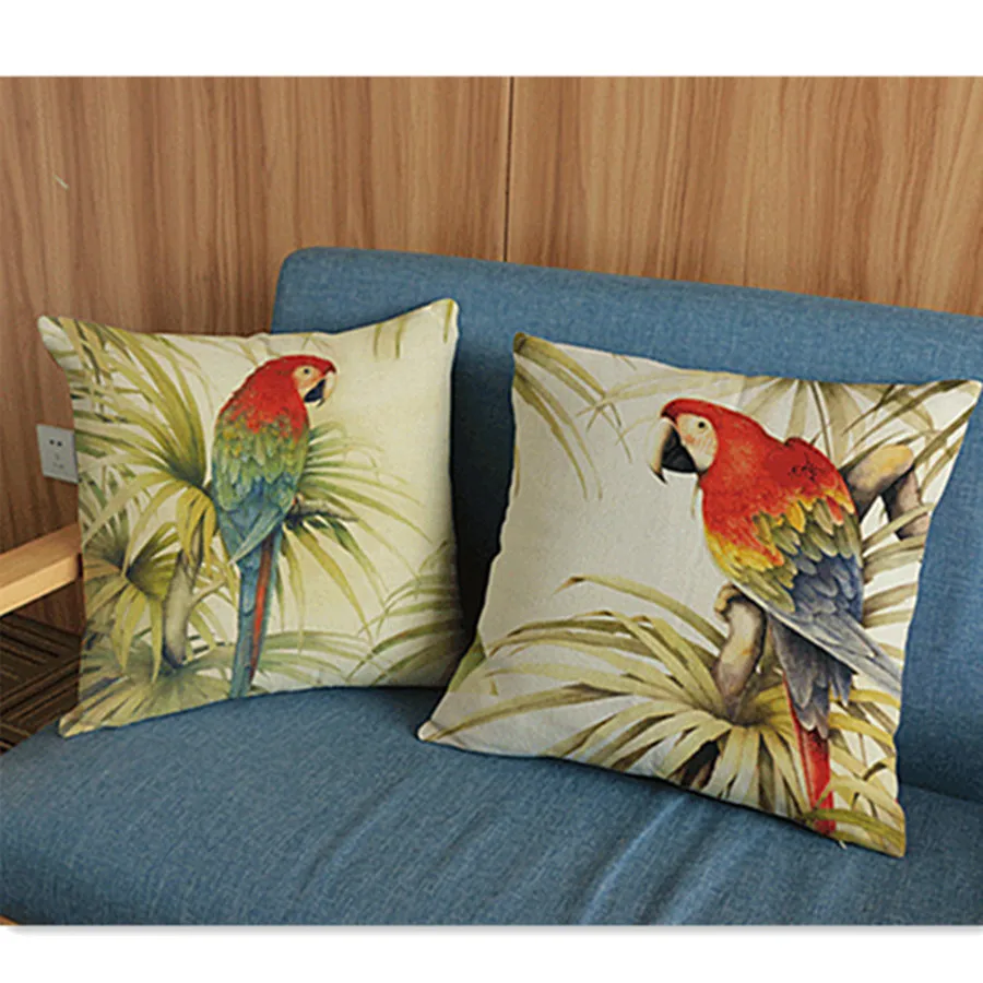 

18'' Colorful Parrot Lovely Birds Style Cotton Linen Chair Pillowcase Cushion Cover Sofa Decorative Throw Pillow Case cojines