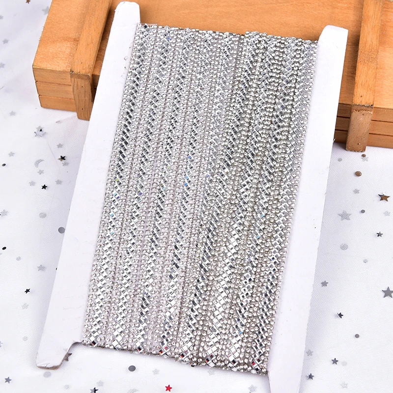 2 Yard Multiple Hot Fix Rhinestone Trim Clear Crystal Ribbon Strass Chain Tape Fabric Applique Banding For Wedding Dress Clothes