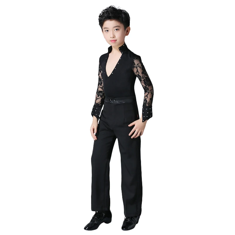 Boys Lace Professional Ballroom Latin Dance Competition Costume Set Shirt And Trousers Boy Professional Latin Salsa Dance Wear