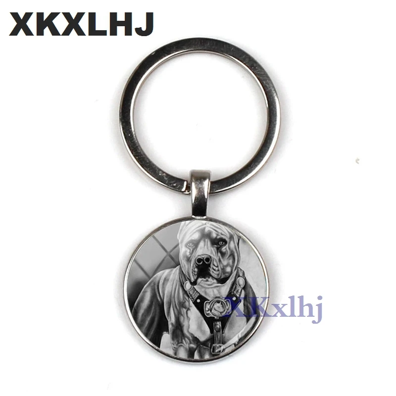 XKXLHJ 2018 Fashion Pit Bulldog Key Ring Pitbull Key Chain Glass Dome Key Chain Round Handmade Lady Keychain