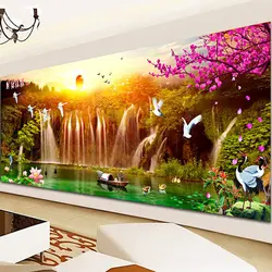 QIUSI needlework DIY cross stitch full embroidery kits,sunset birds lake waterfall plot landscape pattern cross-stitch painting