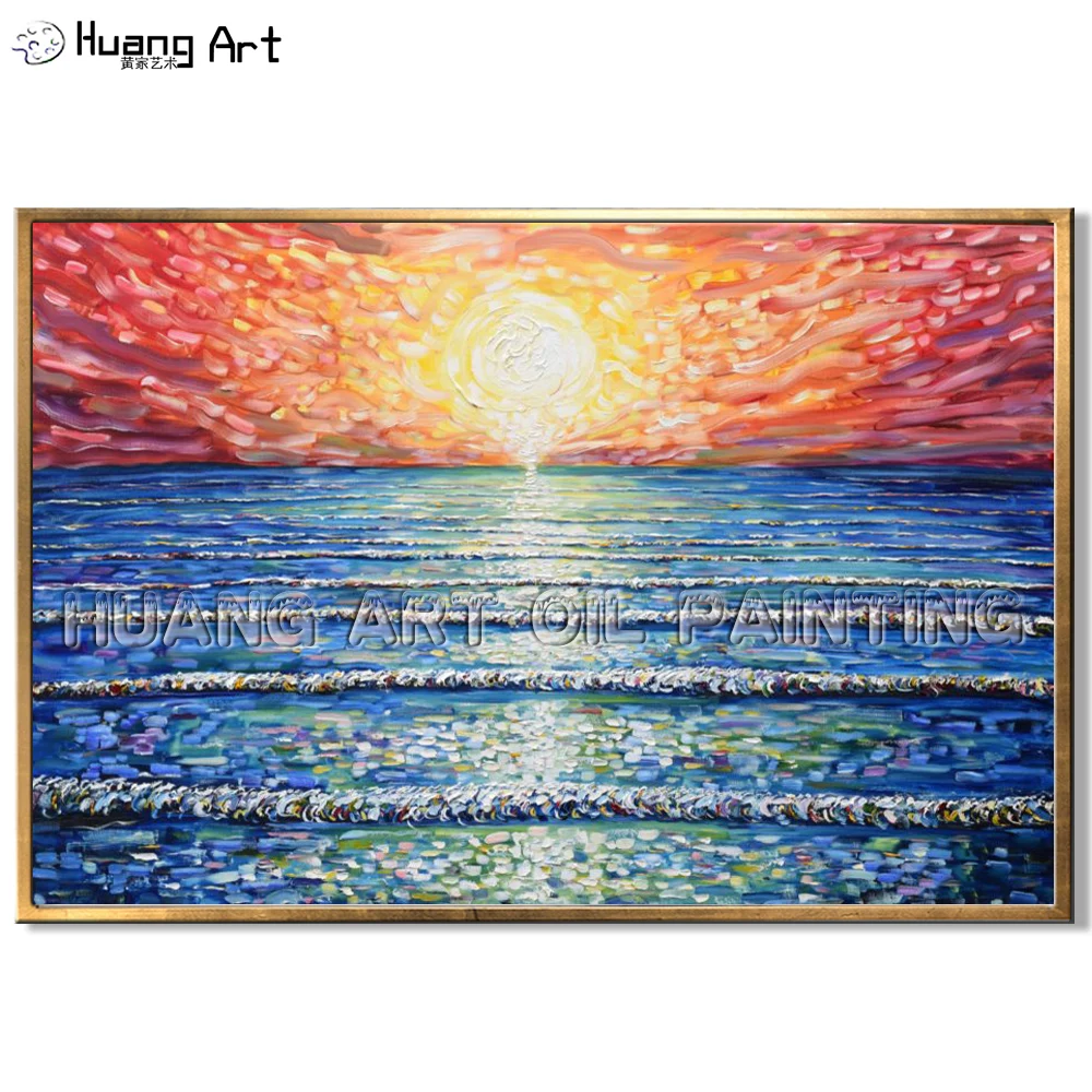 Good Skill Painter Handmade Knife Sea Landscape Oil Painting on Canvas for Room Decor Modern Sunrise Seascape Wall Painting