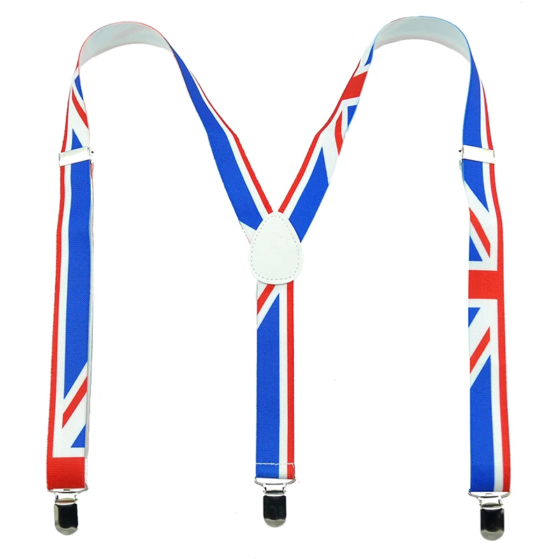 Nieuwe 1 Inch Brede Klassieke Engeland Vlag Patroon Jarretelle Unisex Clip-On Bretels Elastic Slim Bretels Y-Back schouderbanden