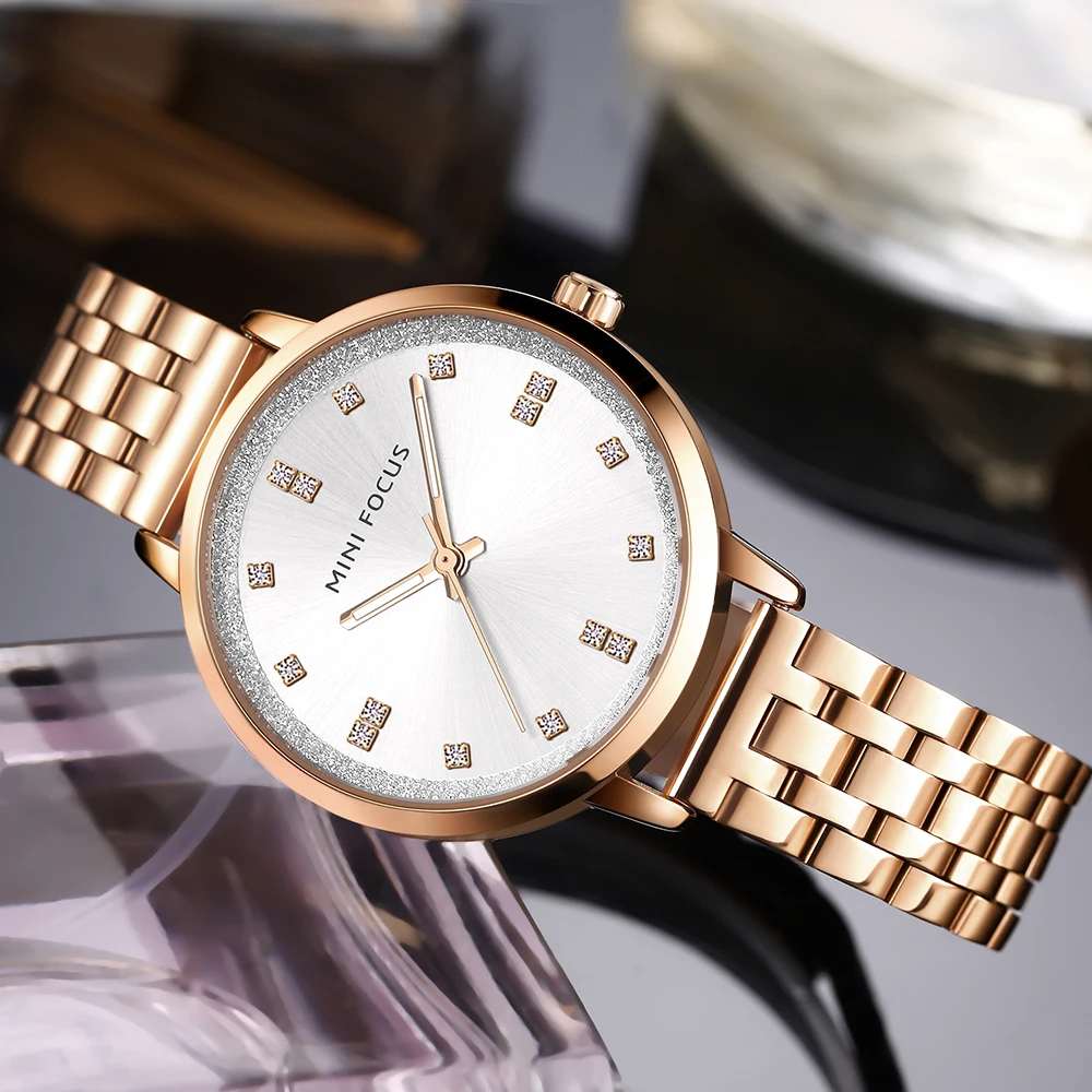 MINI FOCUS-Montre à quartz en acier doré pour femme, marque de luxe, bijoux en cristal, robe décontractée pour femme, montres indépendantes, horloge