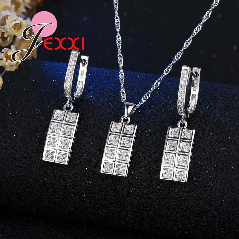 Geometric Rectangle Shape Punk Styl Fashion 925 Sterling Silver Jewelry Set For Woman Cubic Zircon Dangle Earring Necklace