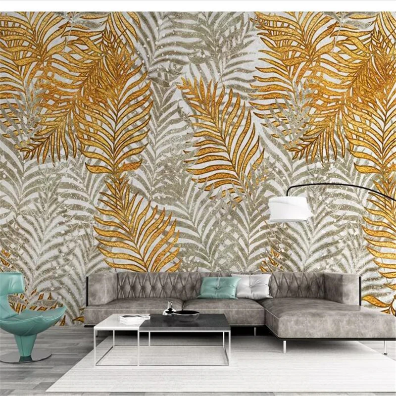 

wellyu papel de parede Custom wallpaper Nordic tropical plant leaves vintage golden tv background wall painting fototapete