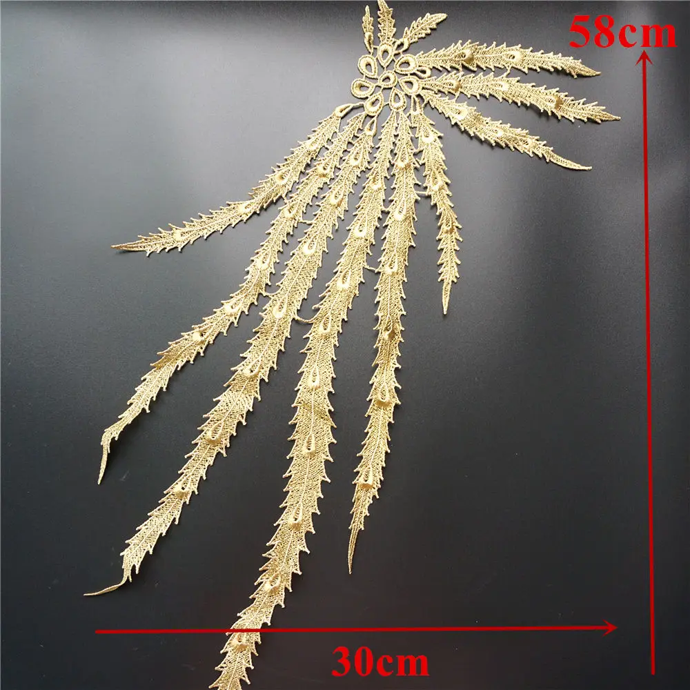 Large Embroidered Phoenix Tail Applique Lace Fabric Tassel Flower Patch Collar Wedding Bridal Gown Trimmings Party Dress Decor