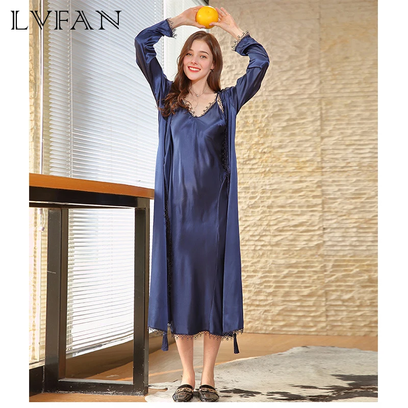 New Simulated Silk Single Nihgtgown Ladies Spring Long Sleeved Bedclothes Simulated Single Nightgown Lady Spring WP669