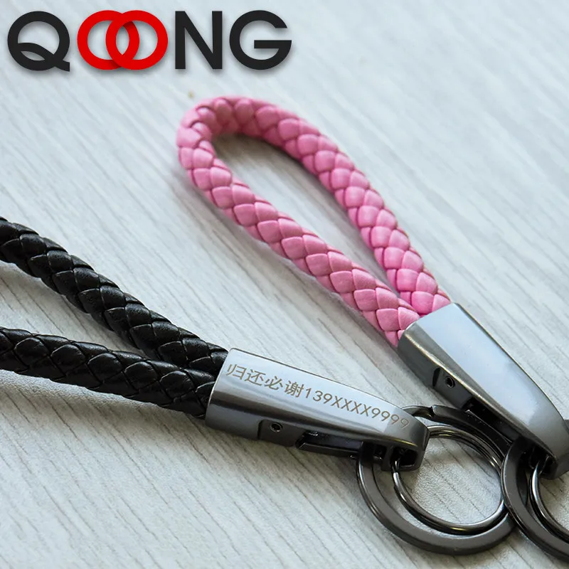 QOONG 2023 New Lovers' Braided Genuine Leather Rope Key Chain Handmade Wavon Keychain Zinc Alloy Key Ring Car Key Holder S05